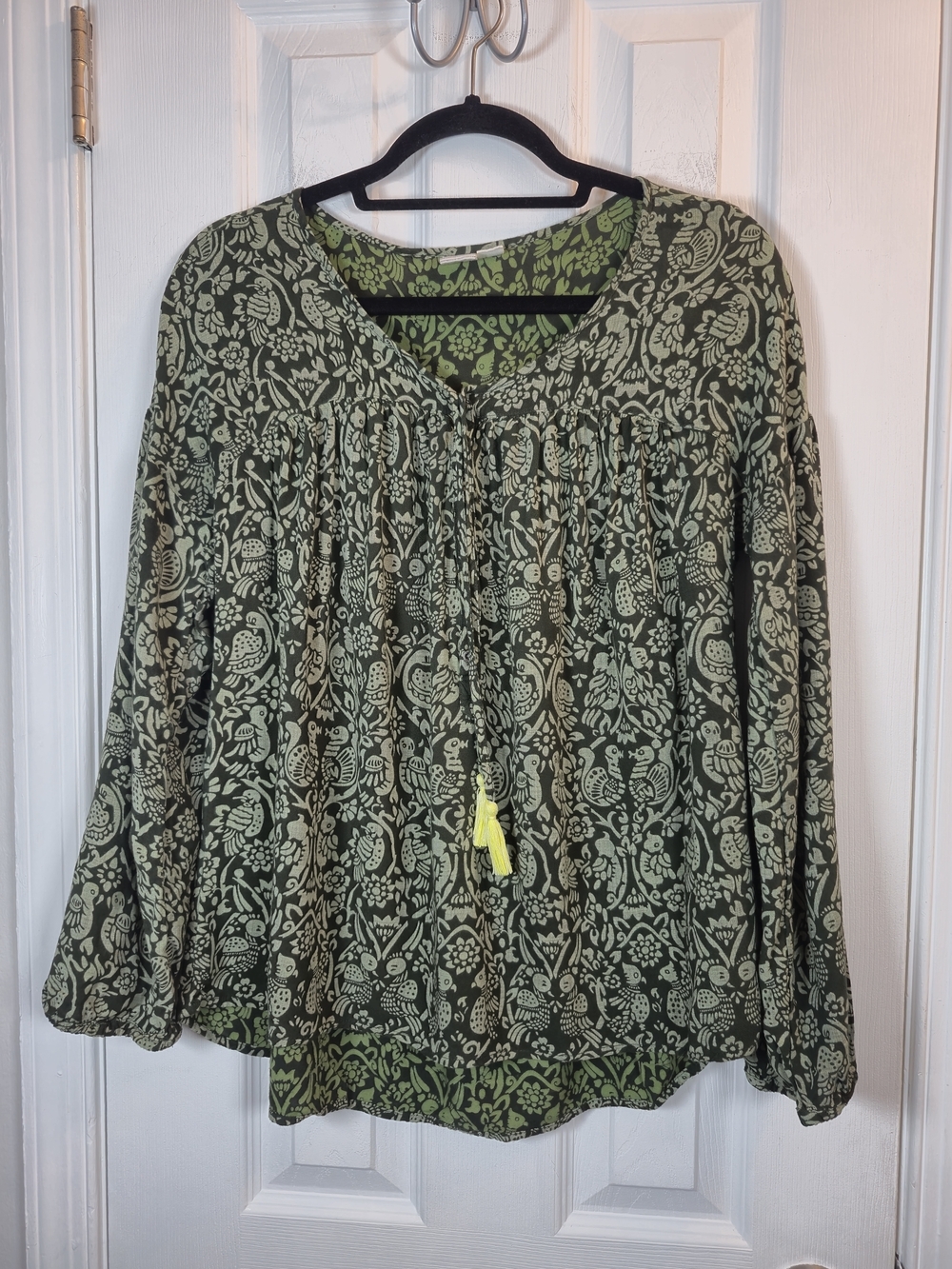 Roxy Boho Green Botanical Bird Print Peasant Blouse Cottagecore Tassal Top S